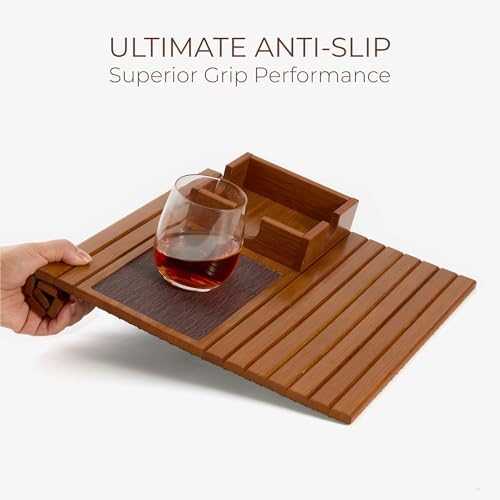 Detor Couch Cup Holder Tray with Super Anti-Slip Pad, Large 4.5" x 4.5" Organizer, Acacia-Stained Bamboo Finish, Enhanced Non-Slip Felt Base, Durable Bamboo Slats, Fits Armrests 5.5" and Wider - Image 3