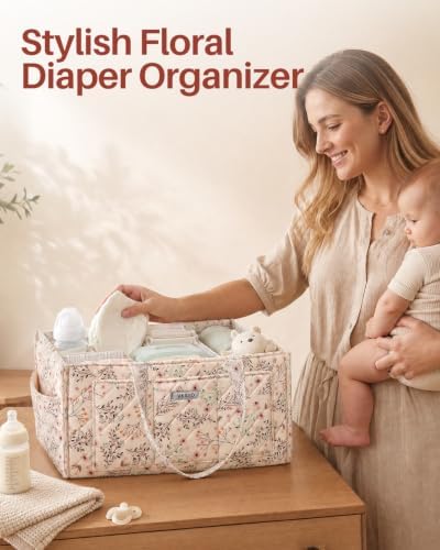 Large Floral Diaper Caddy Organizer Nursery Storage Basket, Gift for Baby Shower Diaper Bag Baby Registry Must Have Newborn Essentials, Beige Floral - Image 3