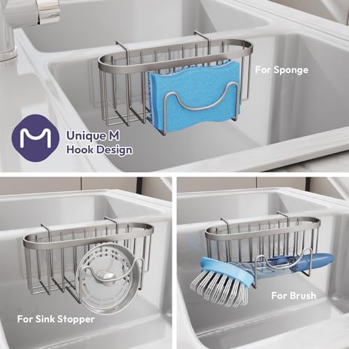 SWTYMIKI Sponge Holder for Kitchen Sink - Movable Kitchen Sink Caddy with M Hook Stainless Steel Hanging Sponges Caddy Organizer in Double Bowl Sinks Depth>3.15in, Middle Divider<1.5in, Sand Nickel L - Image 3