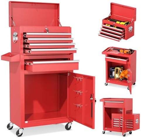 INTERGREAT Tool Chest, 5 Drawers Rolling Tool Chest with Detachable Top Tool Box, Tool Chests with Universal Lockable Wheels, Metal Tool Cart for Garage, Workshop, Barbershop, Red by INTERGREAT