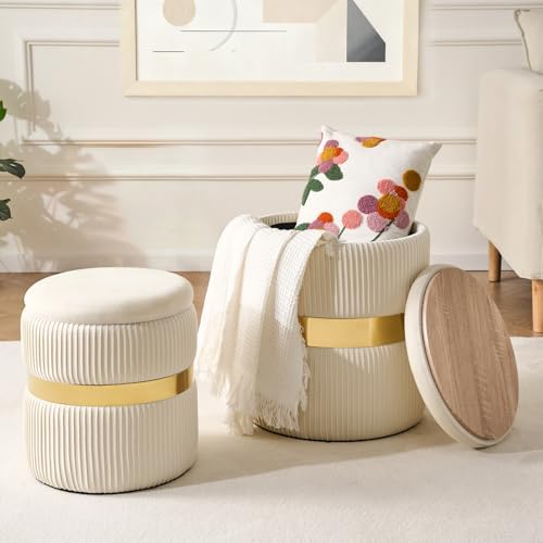 Round Ottoman with Storage Set of 2 White Velvet Vanity Stool by YYWHOME