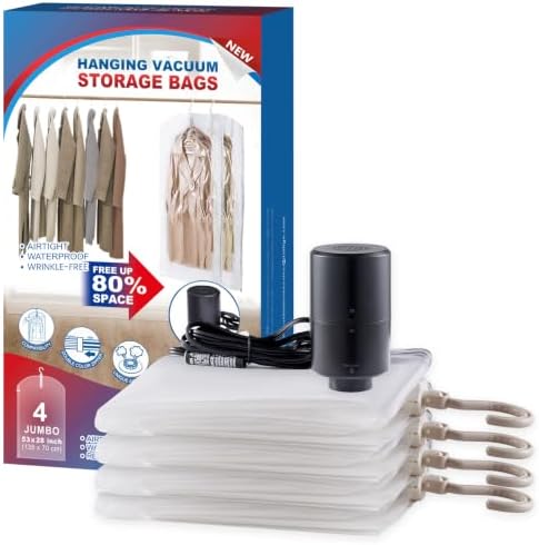 Hanging Vacuum Storage Bags, Space Saver for Clothing, 4 Long with Pump by VELMADE