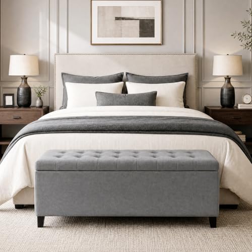 Madison Park 49" Upholstered Storage Bench, Button Tufted End of Bed Bench with Storage, Dual Spring Soft-Close Lid, Bedroom Bench for Queen King Bed, Entryway Living Room, Grey - Image 4