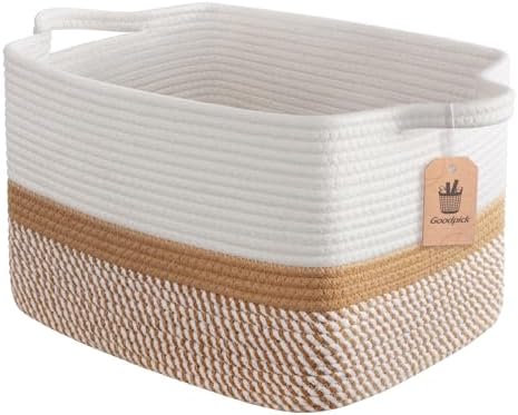 Goodpick Woven Storage Basket for Shelves, 13" x 10" x 9", White & Camel by Goodpick