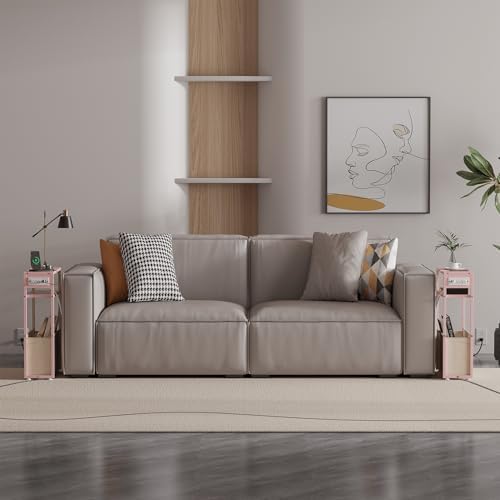 Leomonio Pink Side Table with Charging Station, Slim End Tables with Linen Basket, Skinny Table for Small Spaces, Thin Bedside Table for Living Room, Bedroom - Image 5