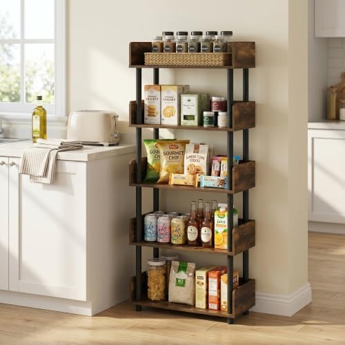 Furinno TURN-N-TUBE 5-Tier Display Shelf, Storage Shelves, Book Shelf, Open Shelves with Rounded Corner Top Edges, for Organization and Storage, Living Room, Home Office, Amber Pine - Image 2