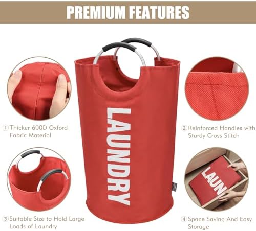 DOKEHOM 90L Large Laundry Basket Bag, Collapsible Tall Hamper, Red - Image 6