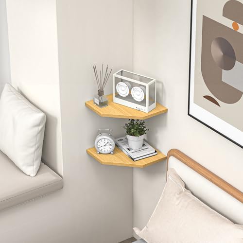Fun Memories Corner Shelf Wall Mount, Corner Floating Shelves, Set of 4 Corner Wall Shelf Organizer, Rustic Wood Wall Storage Display Shelves for Living Room Bedroom Bathroom Kitchen, Oak - Image 2