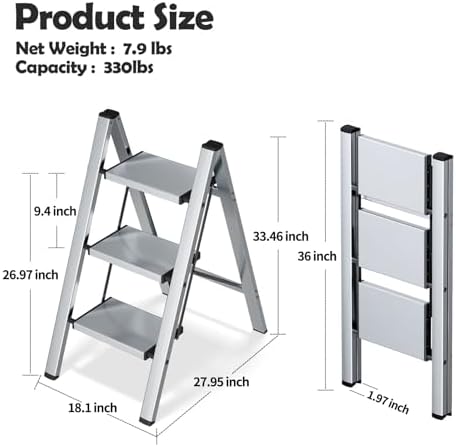 Taranta 3 Step Stool Foldable,Aluminum Step Ladder-Sliver - Image 6