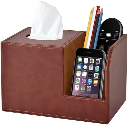 PU Leather Square Tissue Box Cover,Multifunctional Tissue Box Holder,Tissue Box with Storage,Tissue and Remote Control Holder,Tissue Box Decorative Desk Organizer for Home&Office,Brown by XNONE