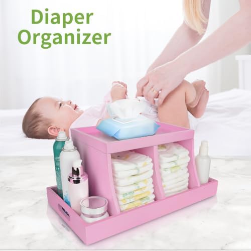 Diaper Caddy Organizer, Changing Table Organizer, Wooden Diaper Organizer for Nursery, Baby Diaper Storage Organizer with Removable Dividers (Pink, Rectangular Size) - Image 2