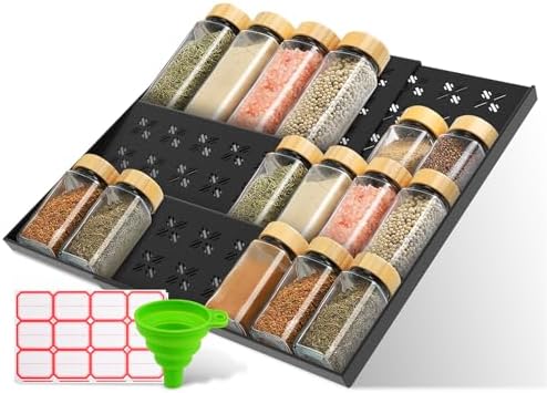 Spice Drawer Organizer 3-Tier Expandable (11"-22" Wide), Spice Rack for Cabinet with Funnel & Spice Labels, Fits Large Jars, Seasoning Storage Insert Design for Cabinet & Drawer (Black) by Idcymoul