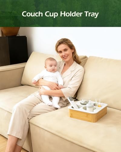 Couch Cup Holder Tray, Bamboo Couch Caddy with Rotatable Phone Holder for Bed Organizer, Waterproof Anti-spill Sofa Cup Holder for Snacks Beverage Remote White - Image 3