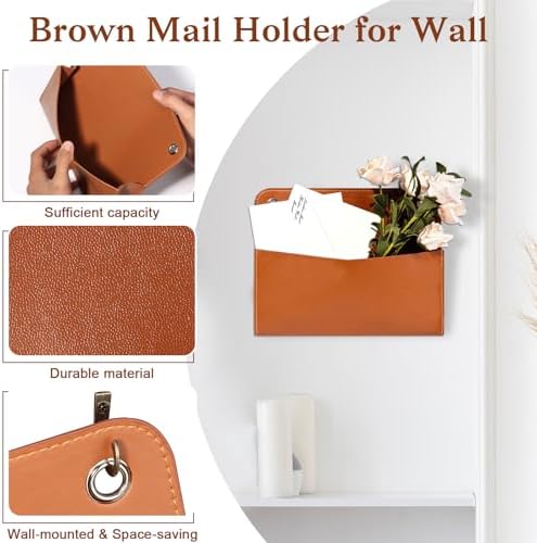 PU Leather Mail Holder Wall Mount 9.8x7.7 Inch Brown Letter Holder Vintage Hanging Mail Organizer 2 Ring Bill Organizer for Wall Decor Storage Letter Postcards Bill Flowers Office Home - Image 3