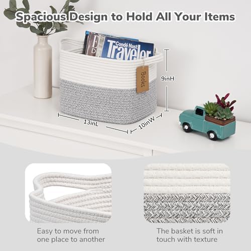 Goodpick Woven Rope Storage Basket for Shelves, Rectangle, Light Gray - Image 3