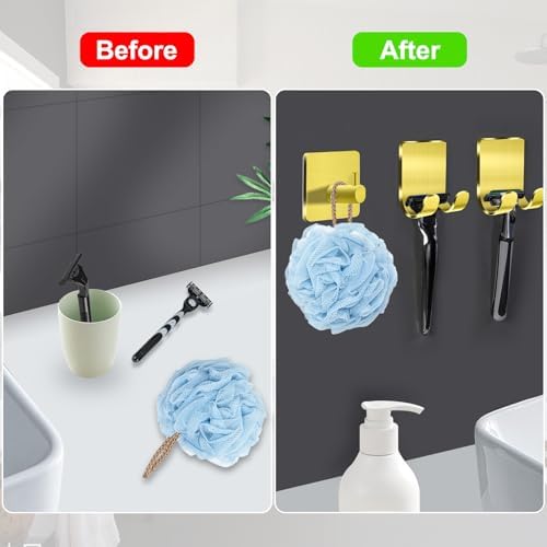 CGBE 4 Packs Shower Hooks for Inside Shower, Self Adhesive Shaver Holder Hanger Hooks for Bathroom Damage Free Wall Hooks for Razor Loofah Sponge - Gold - Image 5