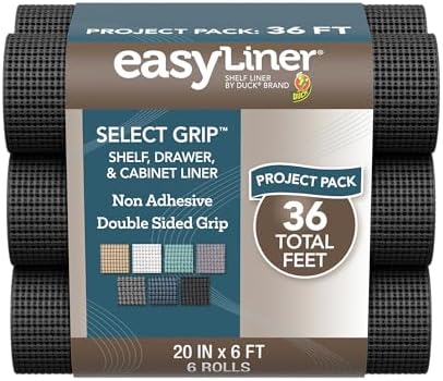 EasyLiner Select Grip Shelf Liner - Easy to Install & Cut to Fit - Non Slip, Non Adhesive, Drawer Shelf & Cabinet Liner for Kitchen, Bathroom, Pantry Cupboards, 20 in x 6 ft (6 Rolls), 36 ft, Black by DuckBrand