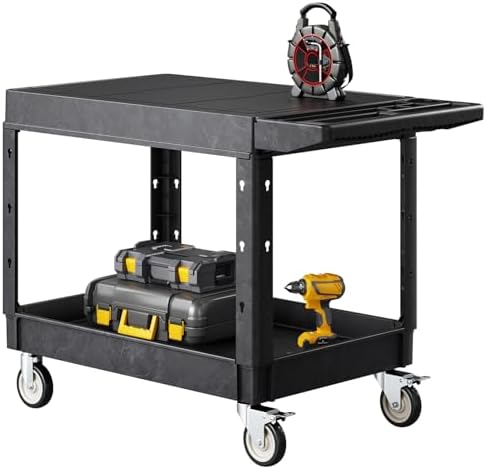 VEVOR Utility Cart, 550 lbs Load Capacity, 37 x 25.4-inch Service Cart, Two-Shelf Heavy Duty Plastic Utility Cart with 360° Swivel Wheels (2 with Brakes), Suitable for Warehouse, Garage, Cleaning by VEVOR