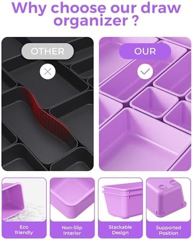 BiuLeon 25 PCS Plastic Drawer Organizers Set, 4-Sizes Vanity and Makeup Organizer, Desk and bathroom Drawer Organizer Trays, Organizers and Storage for Makeup, Jewelry, Gadgets, Utensils (Purple) - Image 5