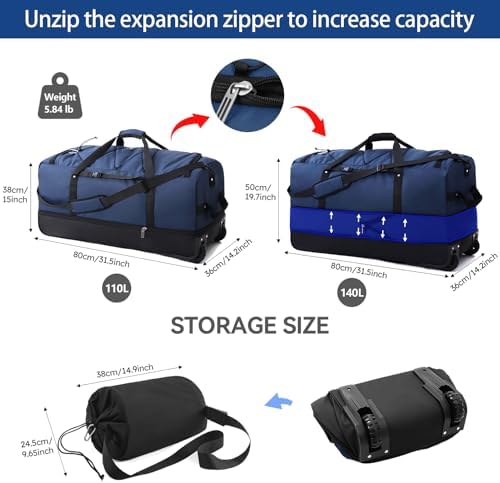 110L Expandable to 140L 32” Foldable Oxford Soft-Sided Rolling Duffle Bag with 2 Heavy-Duty Wheels,2 Large Compartments,Adjustable Shoulder Strap and Attached Organizer Pouch,Navy Blue - Image 2