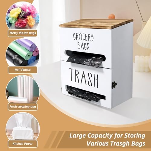 2 in 1 Trash Bag Dispenser, Double Wall Mounted,Wood Trash Bag Holder, used in kitchen, garage, laundry room, can store Environmentally friendly food bags and garbage bags (White) - Image 4