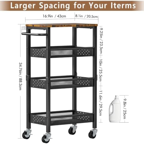 Slim Storage Cart with Wheels,9.1-inch 4 Tier Narrow Storage Cart with Wheels, Metal Kitchen Bathroom Laundry Organizer Shelf with Wood Top and Handle, Black - Image 3