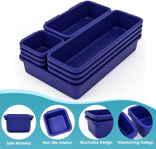 StoreHappily 10 PCS Drawer Organizer Set, 4 Size Makeup Drawer Divider Organizer With Non-Slip Pads, Interlocking Plastic Storage Bins for Office,Jewelry Vanity,Gadgets, Bathroom,Kitchen, Navy - Image 3