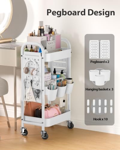 ALVOROG 3 Tier Metal Rolling Utility Cart with Pegboards,Baskets,Hook,White - Image 2