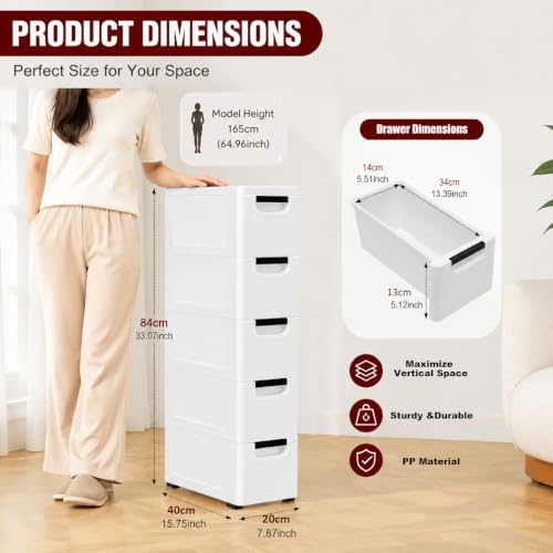 5 Drawers Narrow Slim Plastic Storage Cabinet,Storage Drawer with 4 Wheels,5 Tier Drawers Dresser,White - Image 2