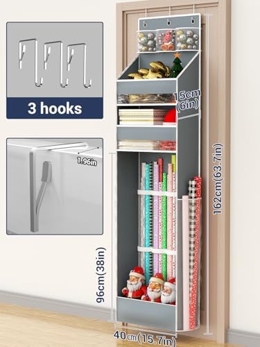 Hanging Gift Wrapping Paper Storage, Christmas Wrapper Bag Container, Long Craft Roll Organizer, Present Wrap Holder for Closet, Door (Gray) - Image 4