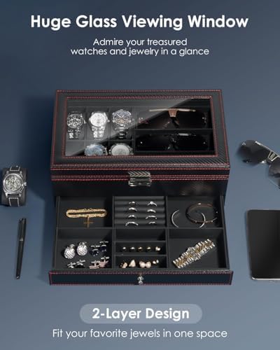 Kukikan Mens Jewelry Box Organizer, 6 Watch Slots & 3 Sunglasses -Black - Image 2