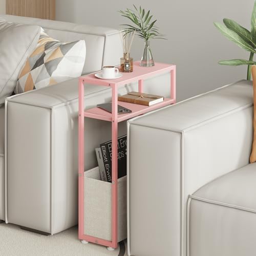Leomonio Narrow Side Table, Slim End Tables with Fabric Basket, Skinny Table for Small Spaces, Thin Bedside Table for Living Room, Bedroom (1, Jelly Pink + Cream White) - Image 4