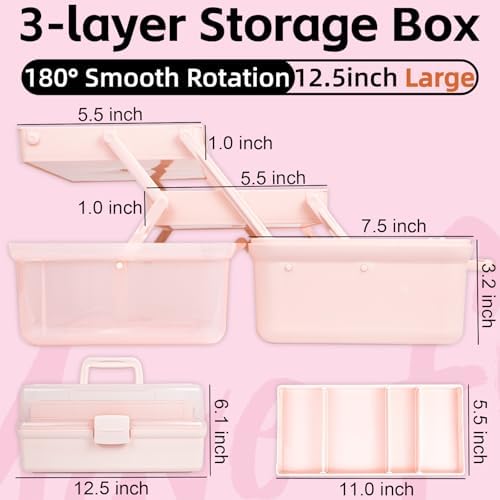 TERGOO 12.5in 3-Layer Multipurpose Craft Organizers and Storage with Adjustable Dividers, Portable Tackle Box, Folding Art & Craft Case for Medicine, Tool, Sewing Organizer (Pink) - Image 2