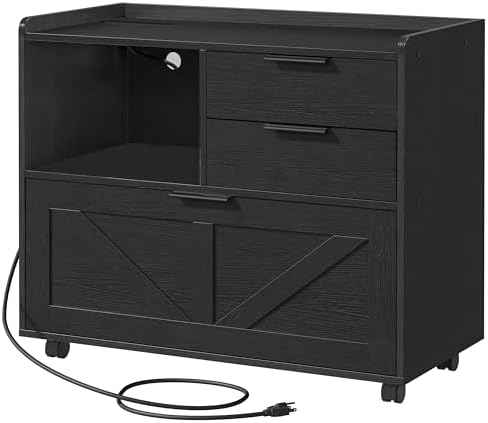 HOOBRO Lateral File Cabinet, Wooden Office Storage Drawers with Charging Station, Filing Cabinet for Home Office, A4/Letter/Legal-Sized Files, Printer Stand with Open Storage Spaces, Black BB37UWJ01 by HOOBRO