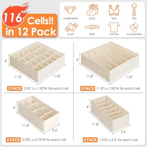 12 Pack Baby Clothes Organizer for Nursery, 116 Cells Fabric Foldable Dresser Closet Organizers and Storage Bins for Clothing, Women Men Underwear Socks, Bra, Ties, Scarf, Belt, Hair Accessories - Image 2