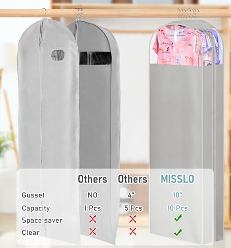 MISSLO 10" Gusseted Garment Bags for Hanging Clothes Storage 60" Dress Bags for Gowns Long Breathable Dress Cover for Closet Storage Coat Protector, 3 Packs, Grey - Image 3