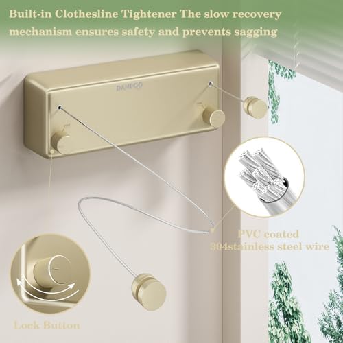 Danpro Retractable Clothesline, 2x13.8ft Designer Drying Line for Luxury Bedroom/Closet, Seamless Blending with Modern Interiors(Gold) - Image 4