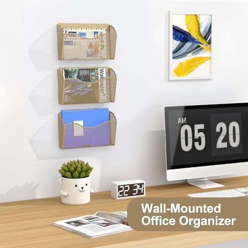 EasyPAG Wall File Organizer, Metal Mesh Hanging File Folder Holder for Letter/A4 Size Folders, Vertical Wall Mount Mail Sorter for Office Paperwork, Classroom, Gold - Image 3