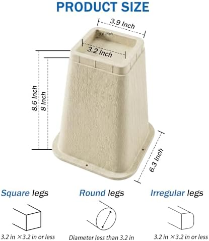 ANNKUT 8 Inch Heavy Duty Bed Risers, Furniture Risers for Desk, Chair, Table or Sofa, Couch Lift Risers, Supports up to 2200 lbs per Leg(6 Pack Beige) - Image 2