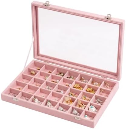 Frebeauty 35 Grid Earring Organizer,Velvet Jewelry Tray with Clear Lid by Frebeauty