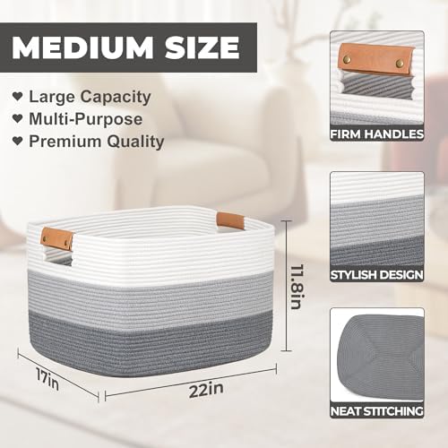danpinera Blanket Basket, 72L Rectangle Large Basket for Living Room, Baby Room & Laundry, Woven Cotton Rope Toy Bin Baby Nursery Room Storage, 22’’*17’’*11.8’’, Gradient Grey - Image 2