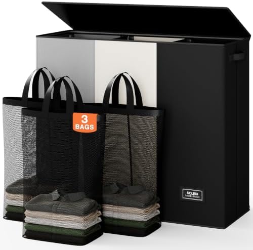 SOLEDI Laundry Hamper 3 section with lid and 3 Pcs Bag, Large Hamper 3 compartment 180L, Laundry Basket Laundry sorter Clothes hamper for Laundryroom Bedroom Blanket Storage Organizer by SOLEDI