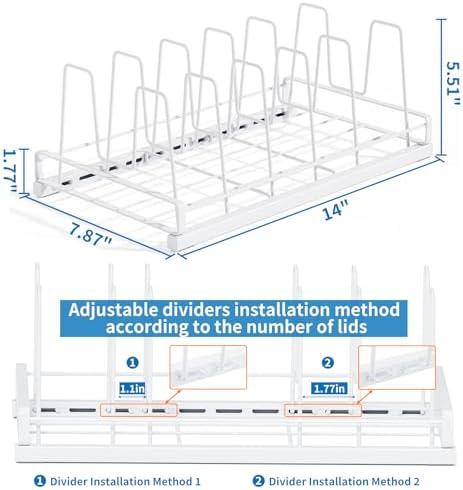Food Container Lid Organizer Rack with Adjustable 6 Dividers, White - Image 3
