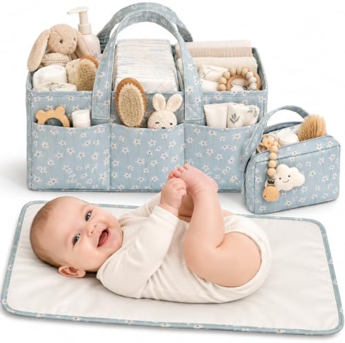 PeraBella Baby Diaper Caddy Organizer 3 Pcs Set, Floral Baby Basket Shower Gift, Nursery Organizer Basket for Newborn Boy Girl Essential Items, Changing Table Organizer Caddy for Baby Stuff, Car Caddy by PeraBella