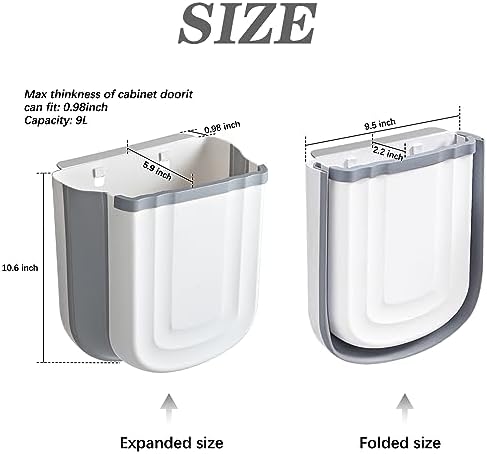 2 Pack Kitchen Hanging Trash Can, 2.4 Gallon / 9L Collapsible Waste Bin, Small Kitchen Compost Bin for Food Scraps, Wall Mounted Garbage Can for Bathroom, Car, RV（Grey） - Image 3