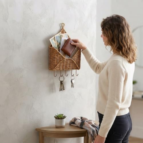 Gerrii Wicker Key Holder for Wall Rattan Mail Shape Holder with 5 Hooks - Image 5