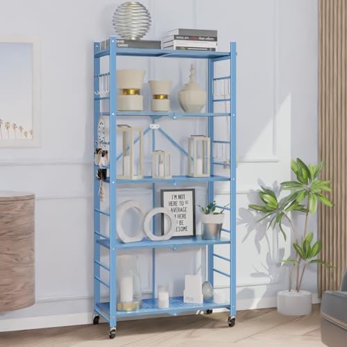 Himix 5-Tier Foldable Storage Shelves with 20 Hooks Wheels Garage Blue - Image 2