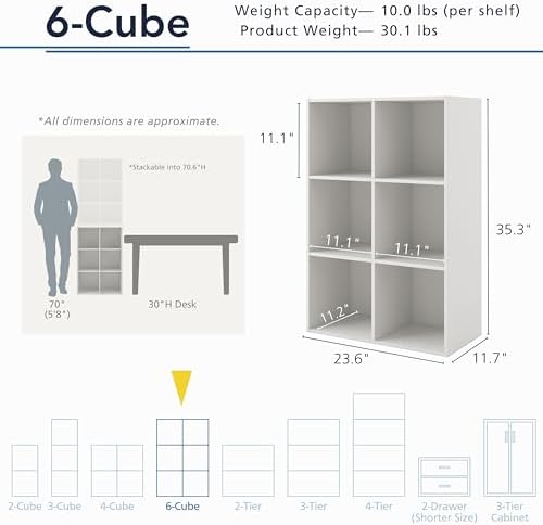 Homes: Inside + Out Apexa 6-Cube Storage Organizer Shelves, Stackable Wood Bookcase Fits Cubby Bins for Organization, Dorm Teen Room Decor & Home Office, White - Image 3