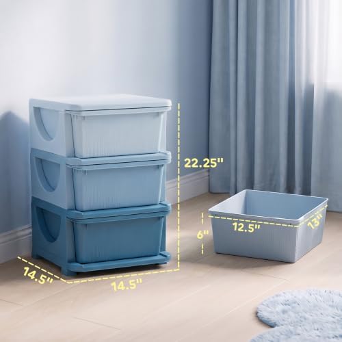 Qaba 3 Drawers Kids Storage Unit 3 Tier Toy Organizers Blue - Image 3