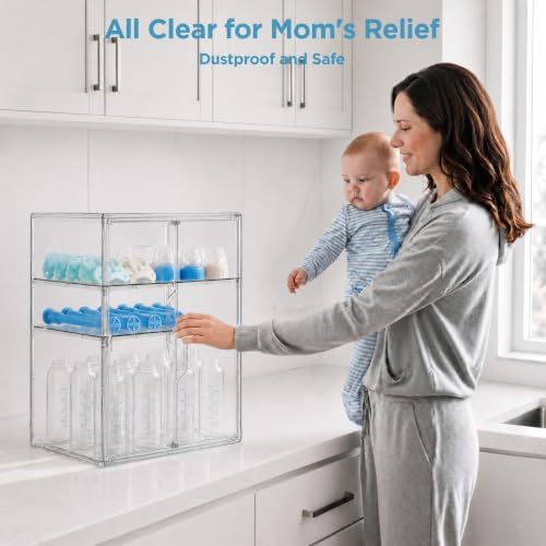 HBlife Baby Bottle Storage Organizer for Countertop Cabinet, 3 Tiers Adjustable Clear Acrylic Bottles Storage Station Case Box Container with 2 Removable Dividers and Magnetic Double Door, X-Large - Image 2